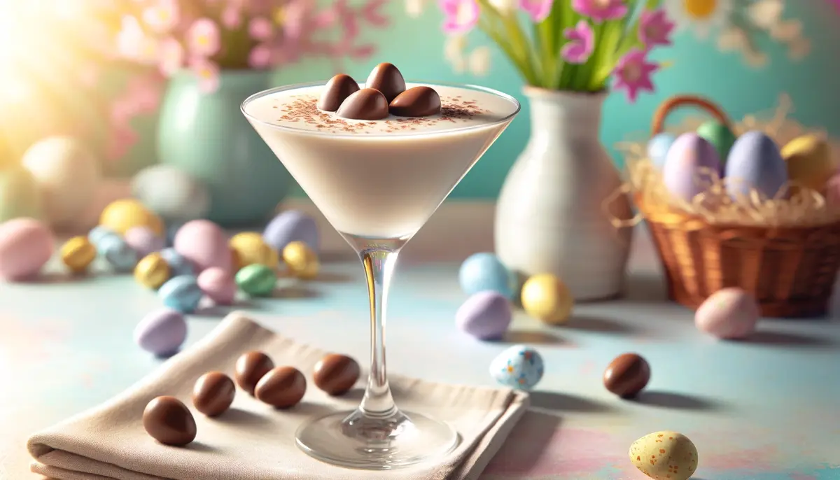 Wielkanocny drink deserowy w kieliszku martini, czekoladowe jajka wielkanocne na wierzchu, drink z wódką i adwokatem.