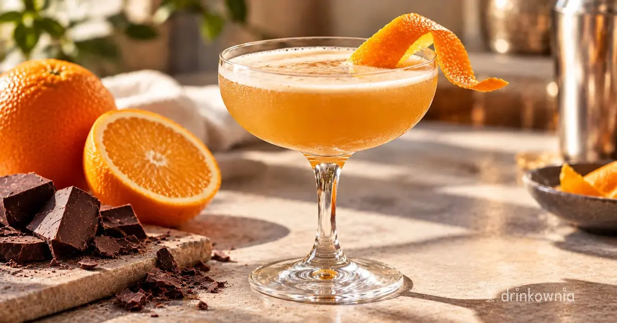 Drink czekoladowo-pomarańczowy z rumem w kieliszku coupe, udekorowany skórką pomarańczy, obok gorzka czekolada