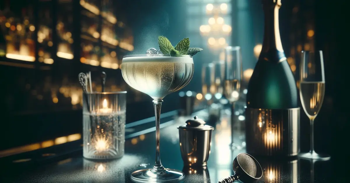 Zdjęcie przedstawia elegancki drink Death in the afternoon, na bazie absyntu i szampana, klasyczny i tajemniczy.