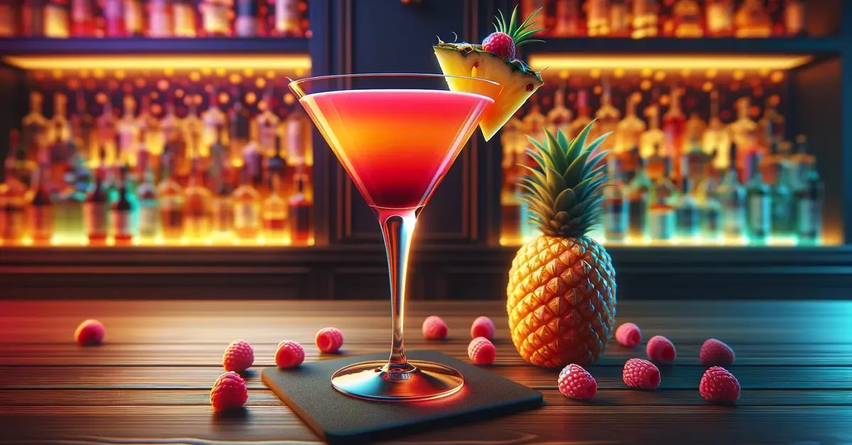 Drink French Martini, różowy i lekko pomarańczowy, ananas i malina, żywe kolorowe tło, orzeźwiający, idealny imprezę.