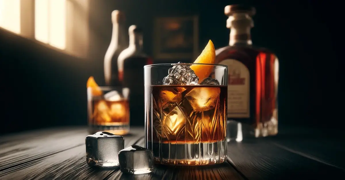 Zdjęcie prezentuje klasyczny drink Godfather, ze szkocką whisky i amaretto, w szklance lowball, na drewnianym stole.