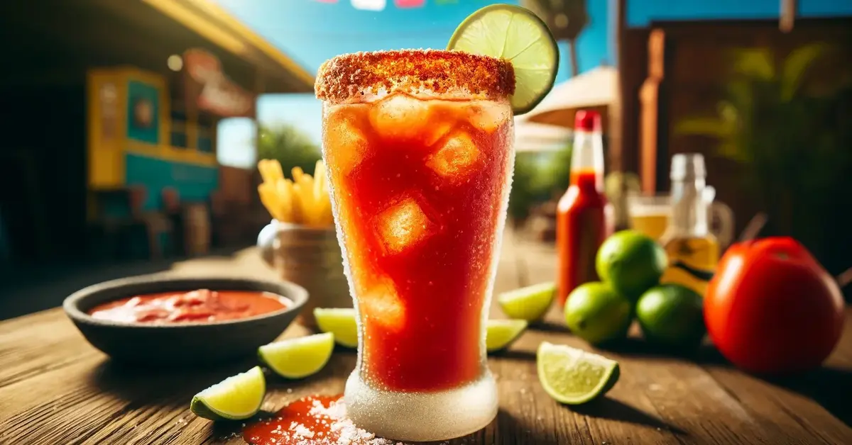 Orzeźwiający i pikantny drink Michelada w wysokiej szklance, z limonką, na tle meksykańskiego krajobrazu.