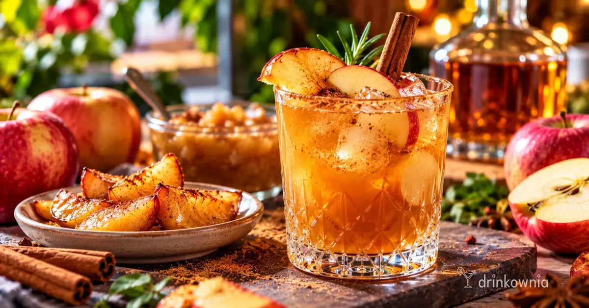 Bursztynowy drink z pieczonym jabłkiem i skórką pomarańczy, obok rumianych kawałków pieczonego jabłka.