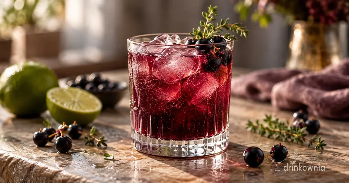 Drink z tequilą i czarną porzeczką, z lodem i tymiankiem, podany z limonką na jesiennym stole.