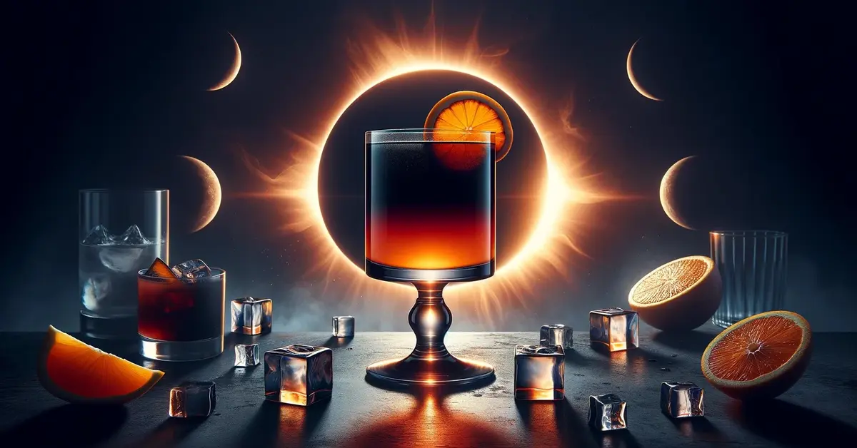 Zdjęcie przedstawia domowy drink Zaćmienie Słońca z czarną wódką i sokiem pomarańczowym, w kieliszku koktajlowym.