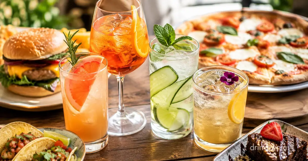 Cztery kolorowe drinki 0% podane z burgerem, pizzą, tacos i deserem na jasnym stole.
