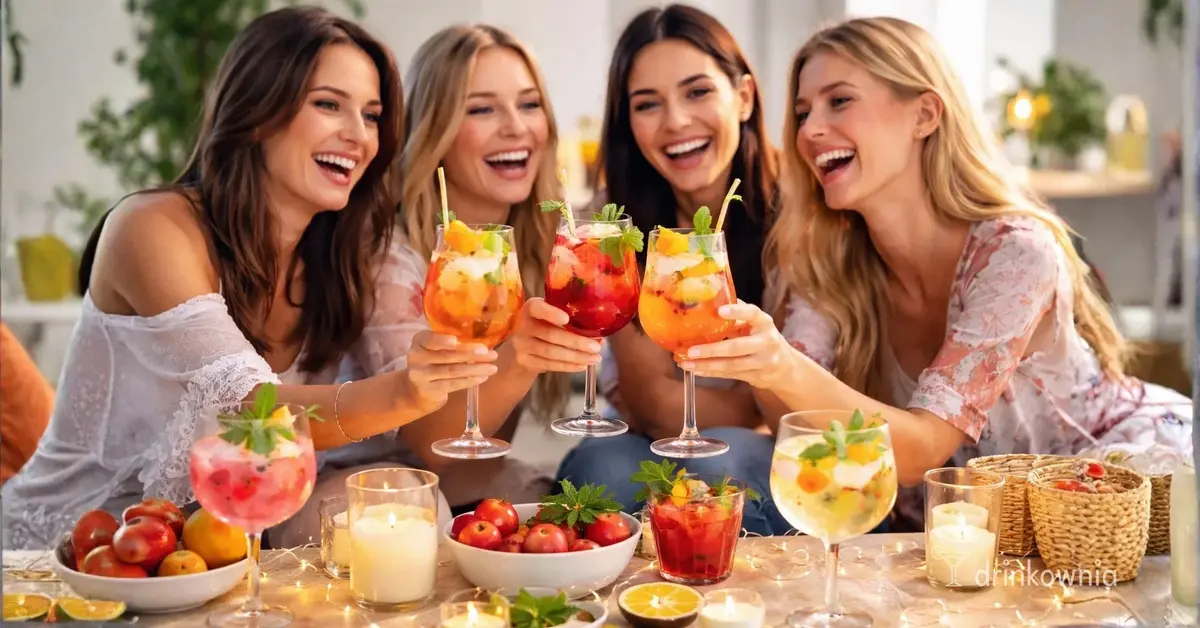 Cztery kobiety wznoszą kolorowe drinki przy stole, babski wieczór w domowym klimacie, lekkie koktajle i świeczki.