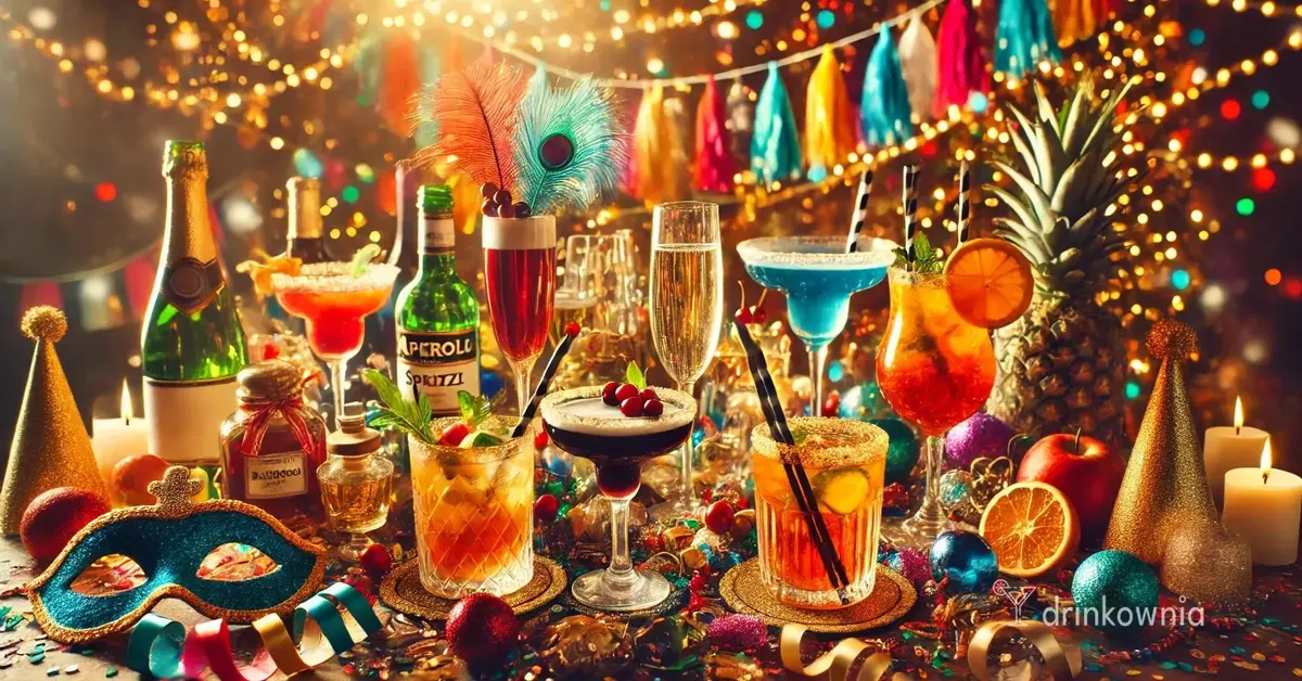 Kolorowe drinki i koktajle idealne na karnawał, karnawałowe dekoracje, confetti i brokat, inspiracja na udaną imprezę.