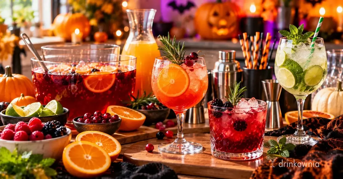 Domowy barek na Halloween z trzema kolorowymi drinkami, ponczem, owocami i dyniami w tle.