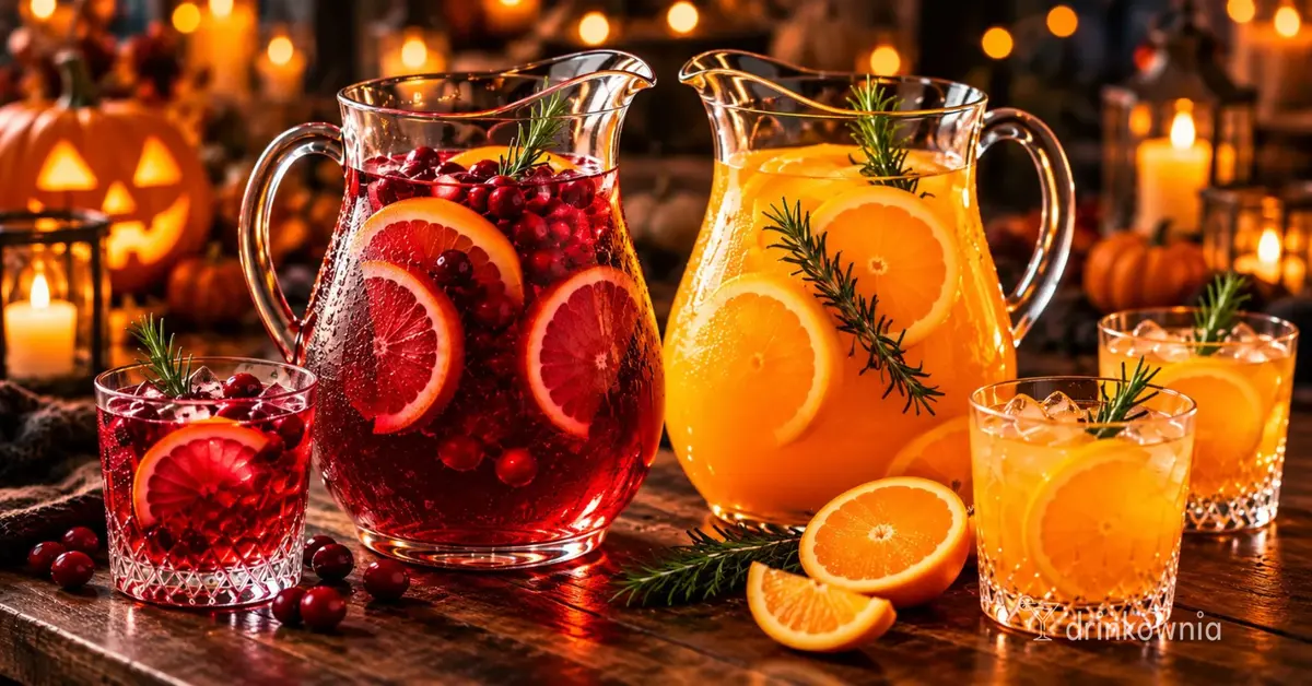 Dwa dzbanki drinków na Halloween: czerwony poncz z żurawiną i pomarańczowy z cytrusami, szklanki i dynia.