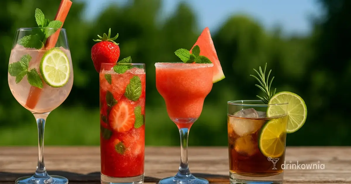Kolorowe drinki na majówkę: Hugo Spritz, Mojito, Margarita i Whisky & Cola na tle zieleni – idealne na grilla.