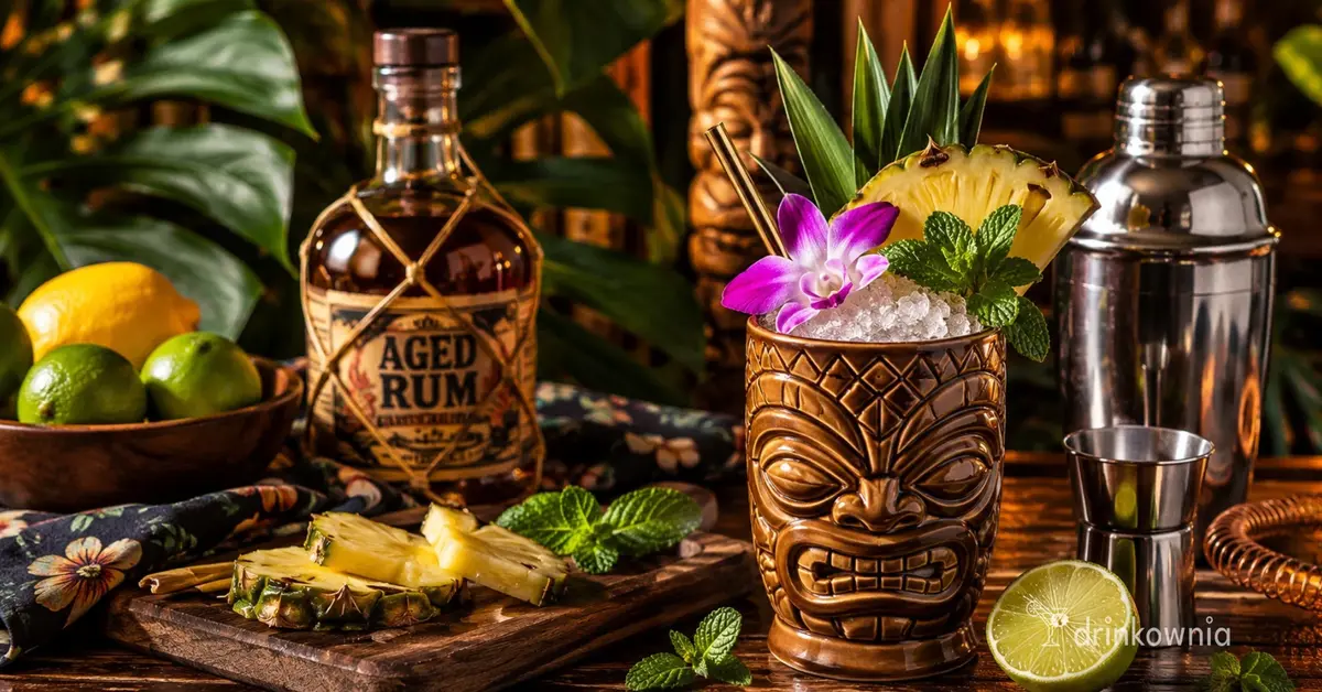Drink tiki w rzeźbionym kubku z kruszonym lodem, limonką, ananasem i miętą w domowym barze.