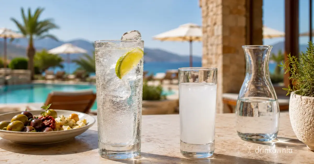 Gin z tonikiem, rakı i karafka wody na słonecznym tarasie hotelowym przy basenie w Turcji.