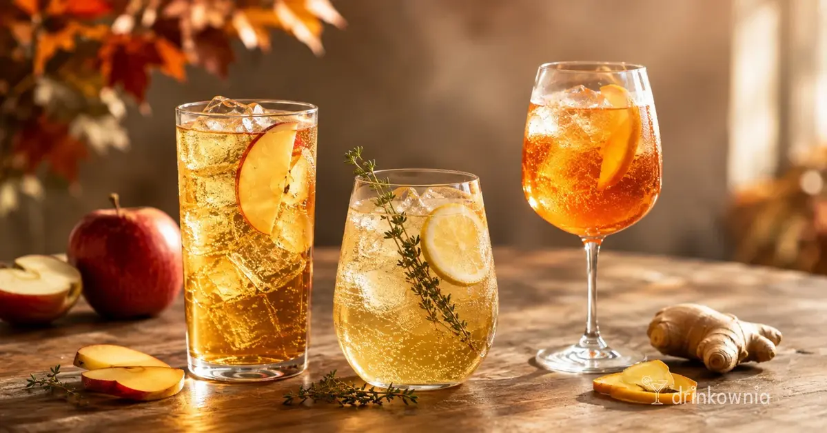 Trzy jesienne drinki z cydrem z jabłkiem, cytryną, tymiankiem i pomarańczą na drewnianym stole.