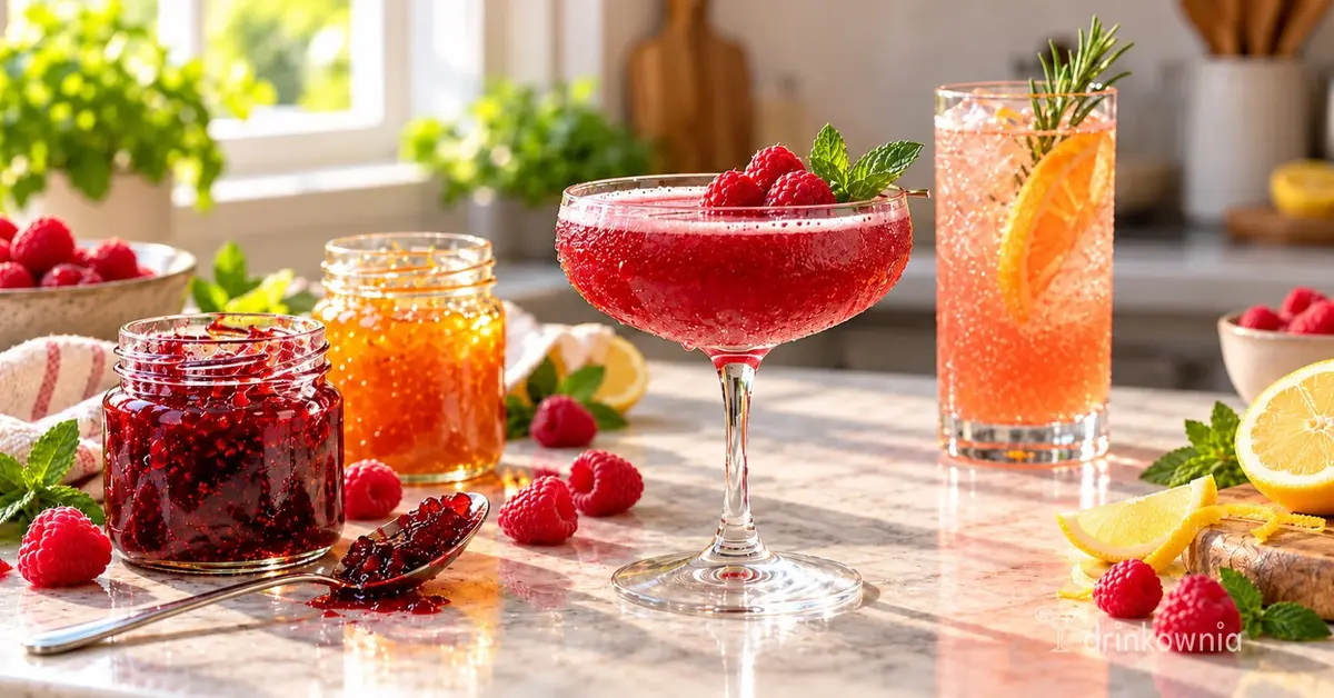 Malinowy drink i różowy koktajl obok słoików dżemu malinowego i pomarańczowej marmolady oraz świeżych owoców.