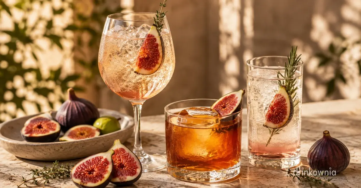 Trzy eleganckie drinki z figami: Fig Spritz, bourbonowy koktajl i figowy tonic z rozmarynem.