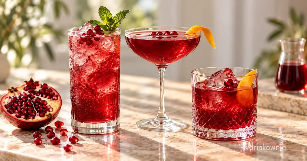 Trzy różne rubinowe drinki z granatem, świeżymi pestkami i połówką owocu na jasnym blacie