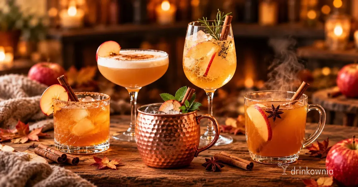 Jesienne drinki z jabłkiem i cynamonem – spritz, sour, mule i ciepły koktajl na drewnianym stole