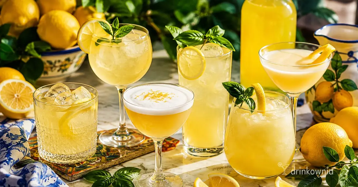 Kolorowe drinki z limoncello, cytrynami i ziołami na jasnym stole w słonecznym, śródziemnomorskim klimacie.