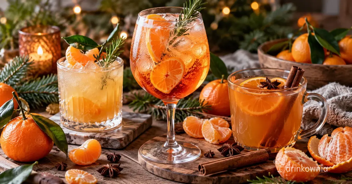 Trzy drinki z mandarynką: musujący spritz, koktajl cytrusowy i ciepły napój z przyprawami w zimowej aranżacji.