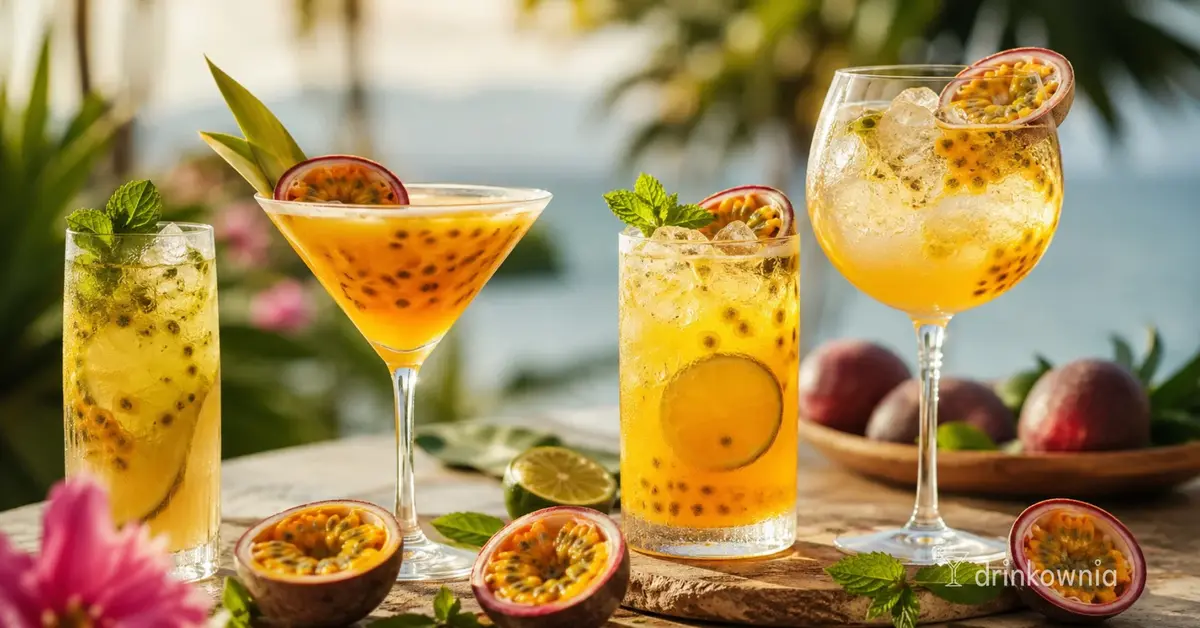 Cztery tropikalne drinki z marakują, limonką i miętą podane na słonecznym tarasie nad wodą.