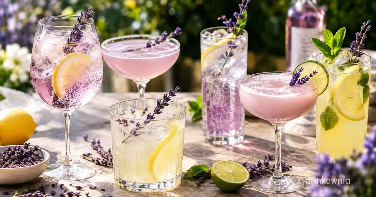 Lawendowy drink z cytryną i lodem, otoczony świeżą lawendą i cytrusami.