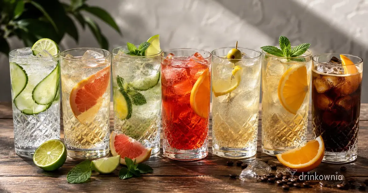 Siedem kolorowych drinków z tonikiem, lodem i cytrusami ustawionych obok siebie na drewnianym stole.