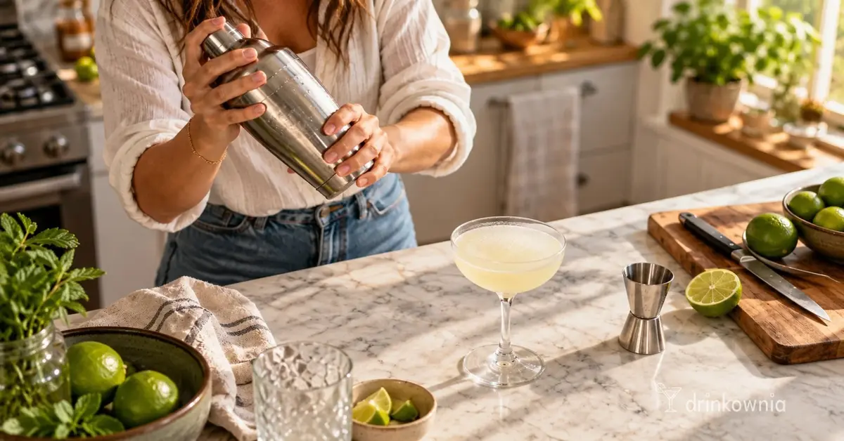 Kobieta shakująca koktajl w domowej kuchni, obok Daiquiri, jigger i świeże limonki.