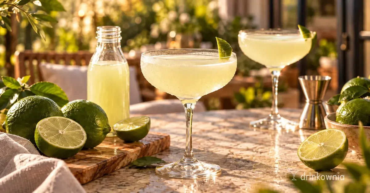Dwa Daiquiri, świeże limonki i butelka soku z limonki na ciepłym ogrodowym stole w teście Drinkownia Lab.