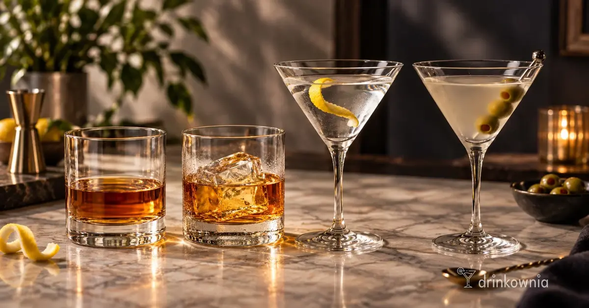 Whisky neat i on the rocks oraz dwa warianty Martini pokazujące popularne sposoby podawania drinków