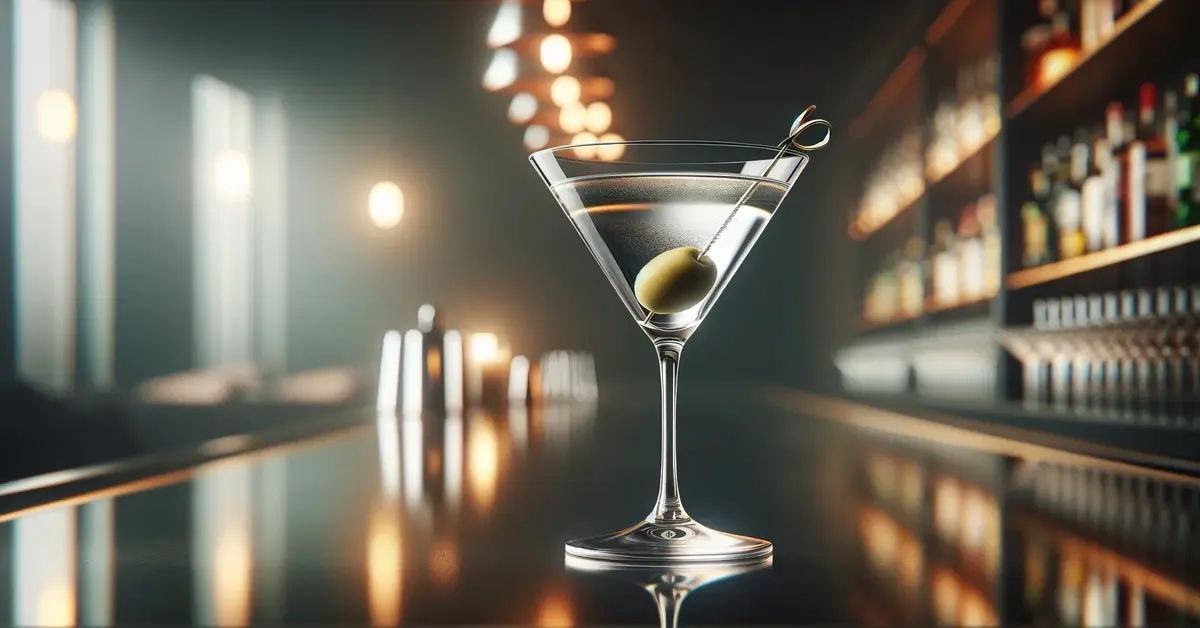 Idealne dry martini: klasyczny koktajl z ginem i wermutem, podany w eleganckiej szklance typu martini, z zieloną oliwką.