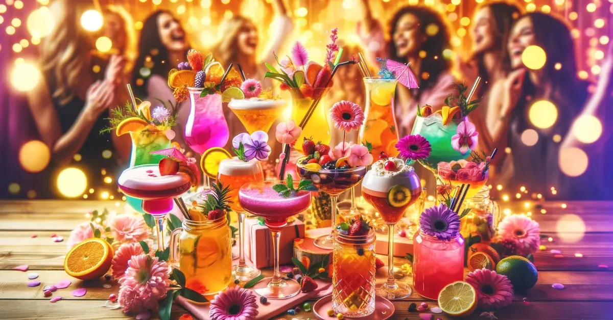 Zdjęcie przedstawia nastrój świętowania, z kolorowymi drinkami i dekoracjami, które celebrują piękno i siłę kobiet.