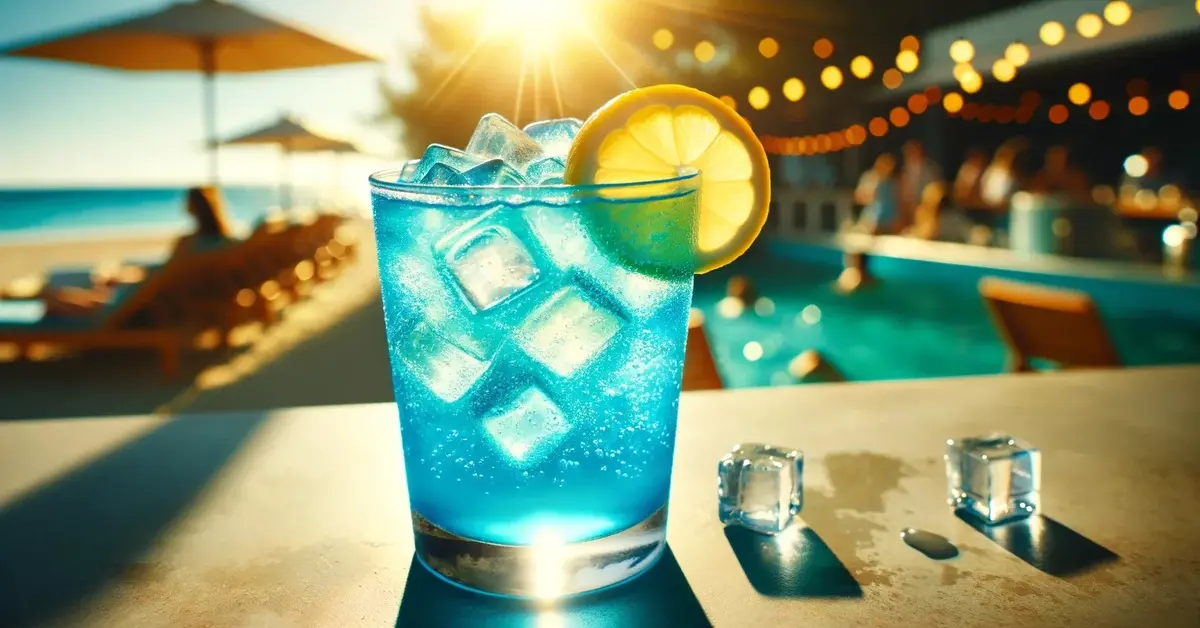 Zdjęcie przedstawia drink Electric Lemonade, w elektryzującym niebieskim kolorze, w szklance wypełnionej lodem.