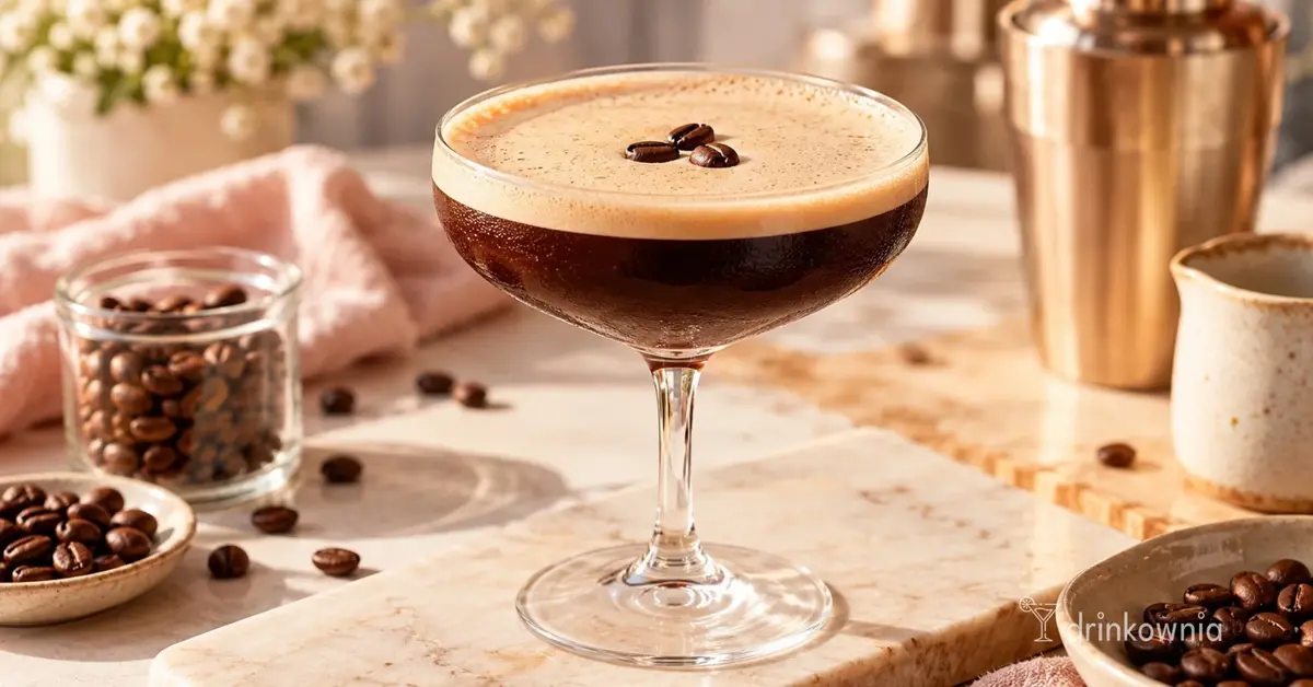 Espresso Martini 0% z kawową pianką i ziarnami kawy w jasnej, ciepłej aranżacji