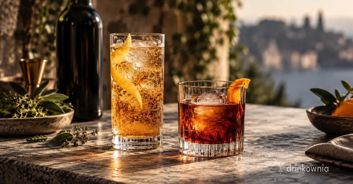 Dwa drinki z Fernet-Branca: bursztynowy highball z lodem i ciemny koktajl Toronto ze skórką pomarańczy.