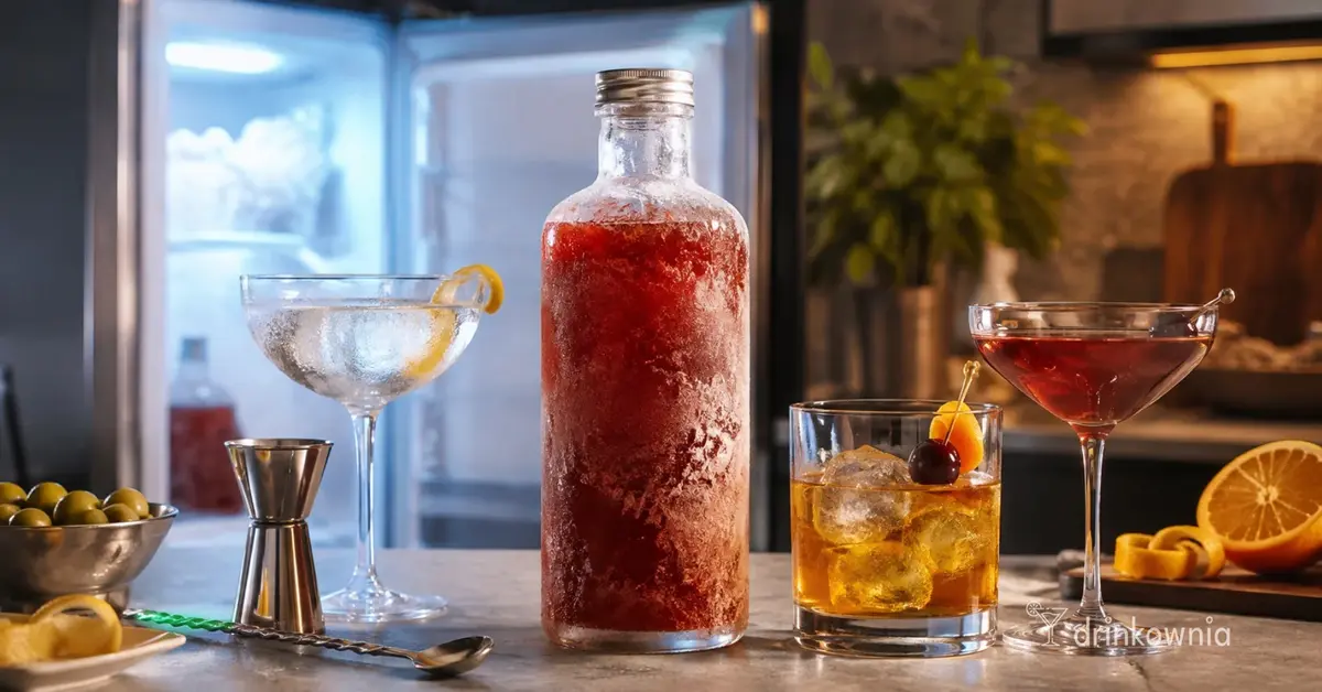 Freezer-door cocktails w butelce z Martini, Negroni i Old Fashioned obok otwartej zamrażarki