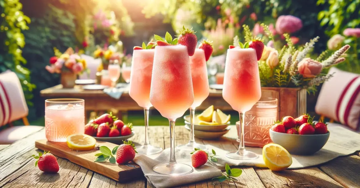 Zdjęcie przedstawia różowy drink Frose na tle ogrodu, otoczony truskawkami i winem różowym, idealny drink na lato.