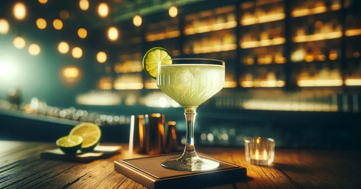 Drink Gimlet, składający się z ginu, soku z limonki i syropu cukrowego, ozdobiony plasterkiem limonki, stojący na barze.
