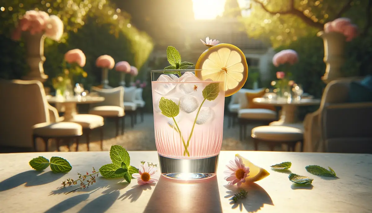 Zdjęcie przedstawia delikatny i lekki drink Gin Daisy, na bazie ginu, o lekko różowej barwie, w tle ogród.