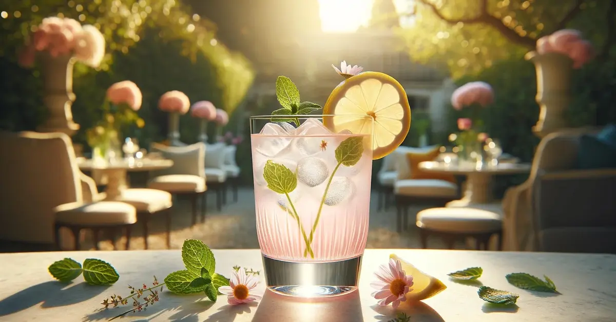 Zdjęcie przedstawia delikatny i lekki drink Gin Daisy, na bazie ginu, o lekko różowej barwie, w tle ogród.