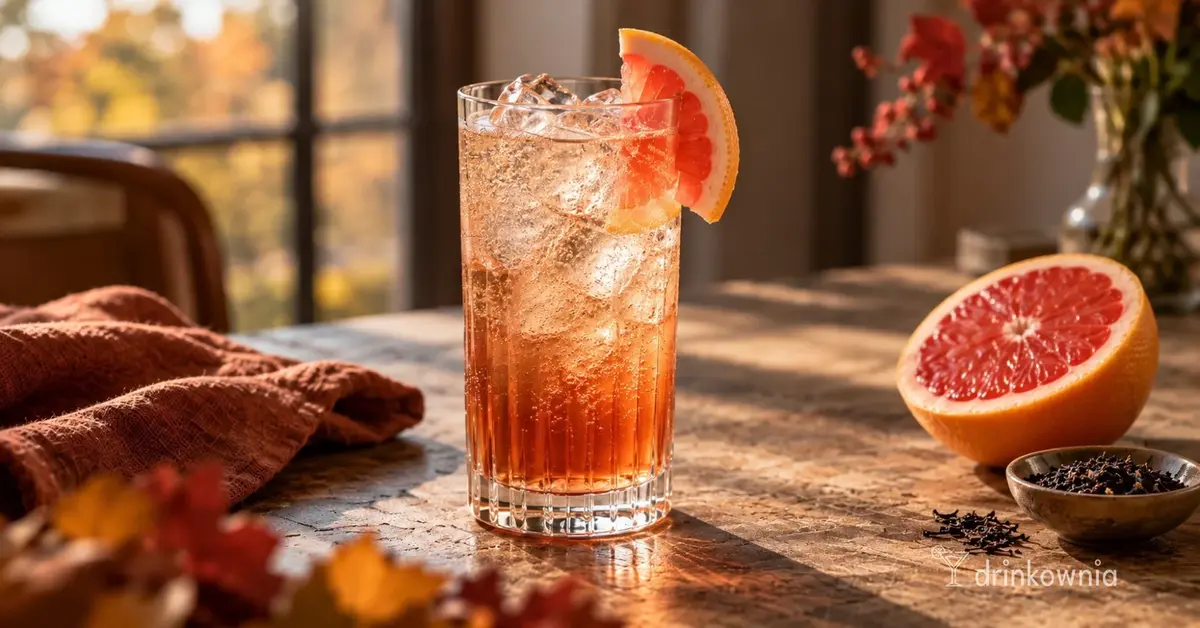 Gin z herbatą Earl Grey i grejpfrutem, podany z lodem w wysokiej szklance w jesiennej scenerii.