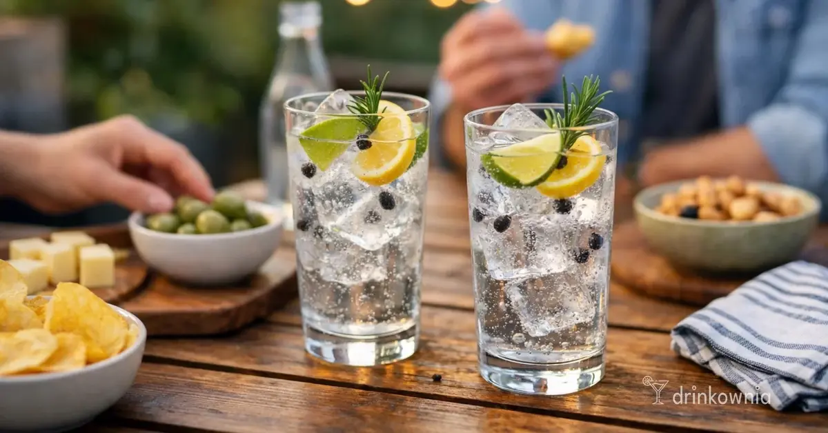 Gin z tonikiem na domówce, podany z lodem, cytrusami i rozmarynem, idealny prosty drink dla gości