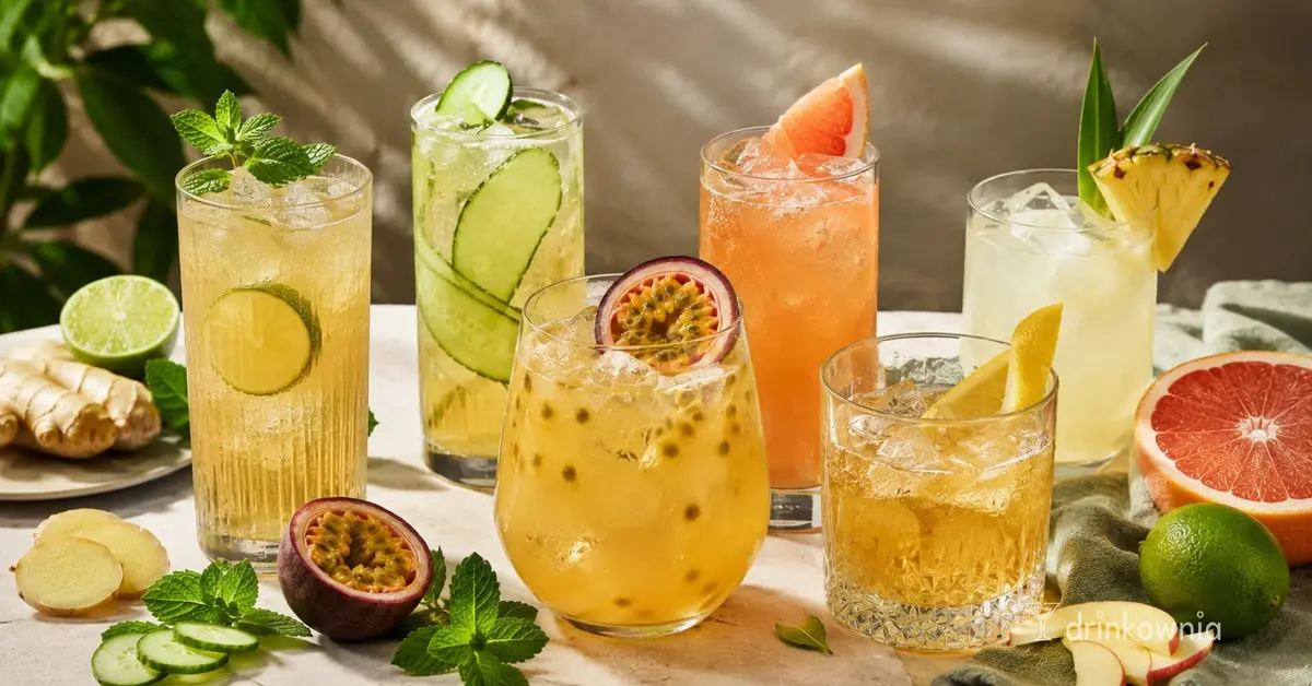 Kolorowe drinki i mocktaile z ginger beer, cytrusami, marakują i świeżym imbirem.