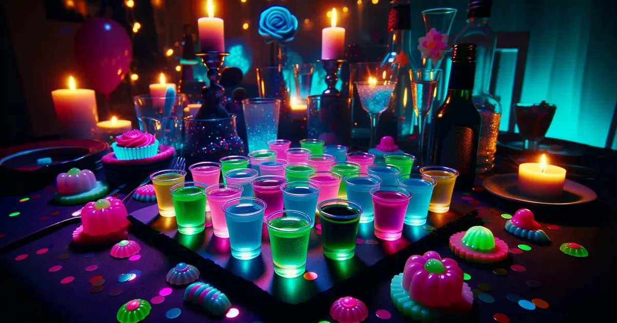 Zdjęcie żelkowych shotów świecących w ciemności - Glow in the dark - galaretka, tonik i wódka lub gin.