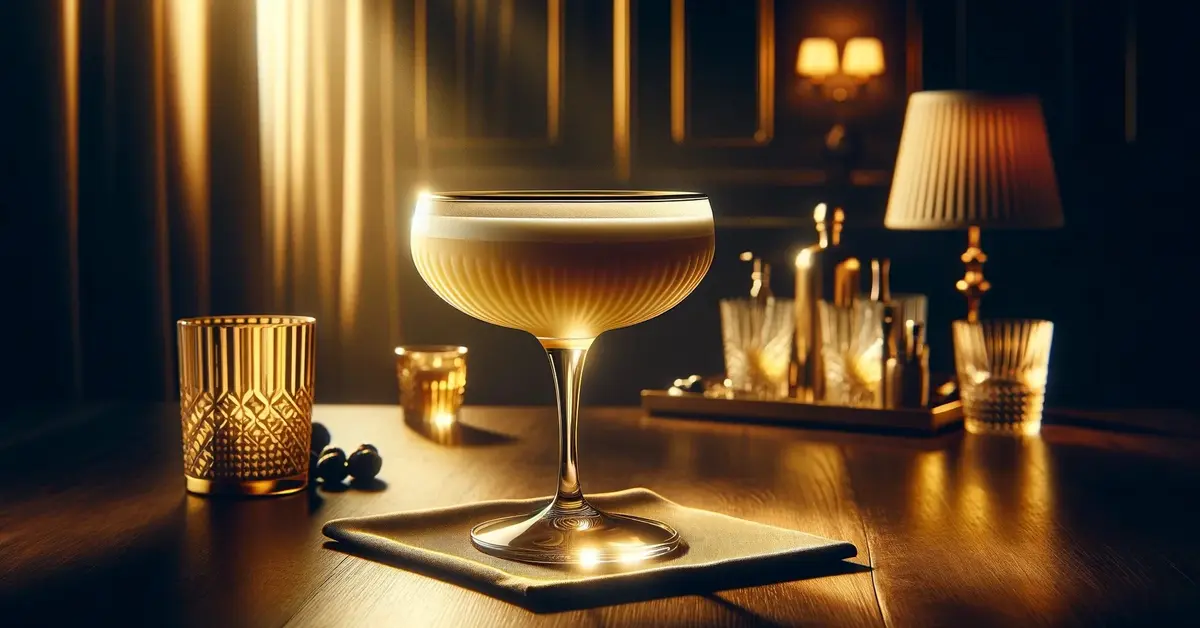 Zdjęcie przedstawia drink Golden Cadillac, bogaty i kremowy, podany w szkle coupe, esencja luksusu z nutą Galliano.