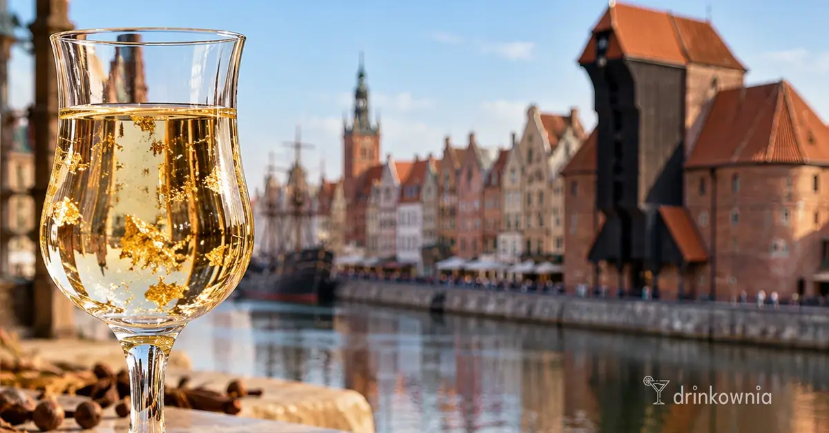 Kieliszek likieru Goldwasser z płatkami złota na tle historycznej zabudowy nad wodą.