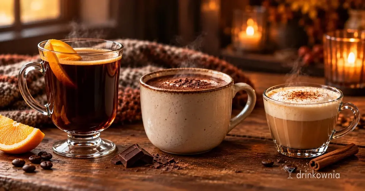 Trzy gorące drinki: kawa z rumem i pomarańczą, kakao z bourbonem i espresso z amaretto na jesiennym stole.