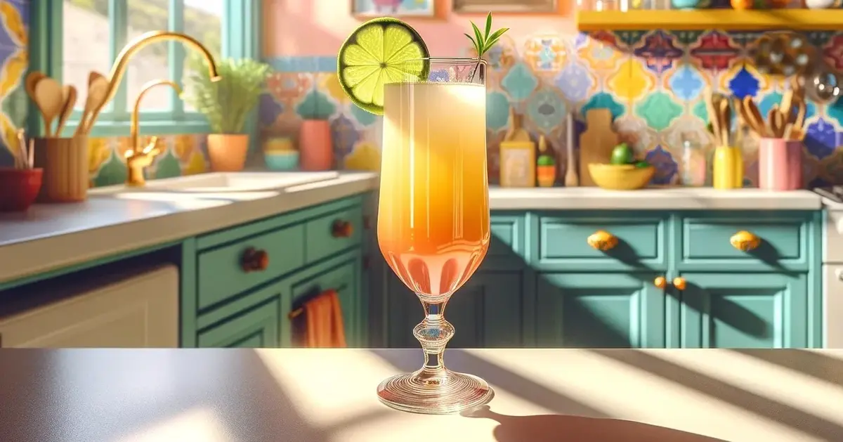 Zdjęcie przedstawia drink Greyhound na bazie grejpfruta, ozdobiony limonką, w tle kolorowa kuchnia.