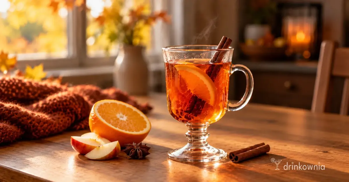 Grzany Aperol z pomarańczą i cynamonem w szklanym kubku na domowym stole.