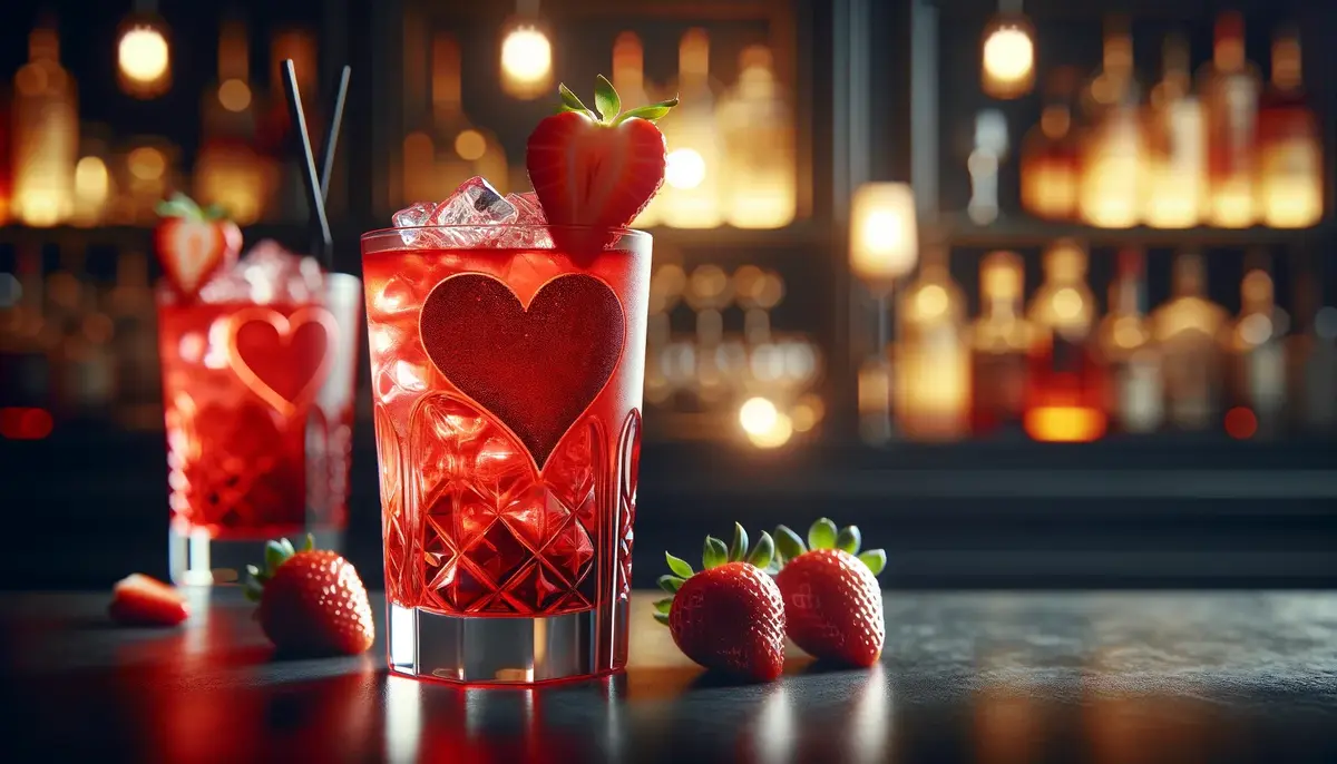 Zdjęcie przedstawia drink Heartbreaker, w szklance ozdobionej sercem, z truskawkami.